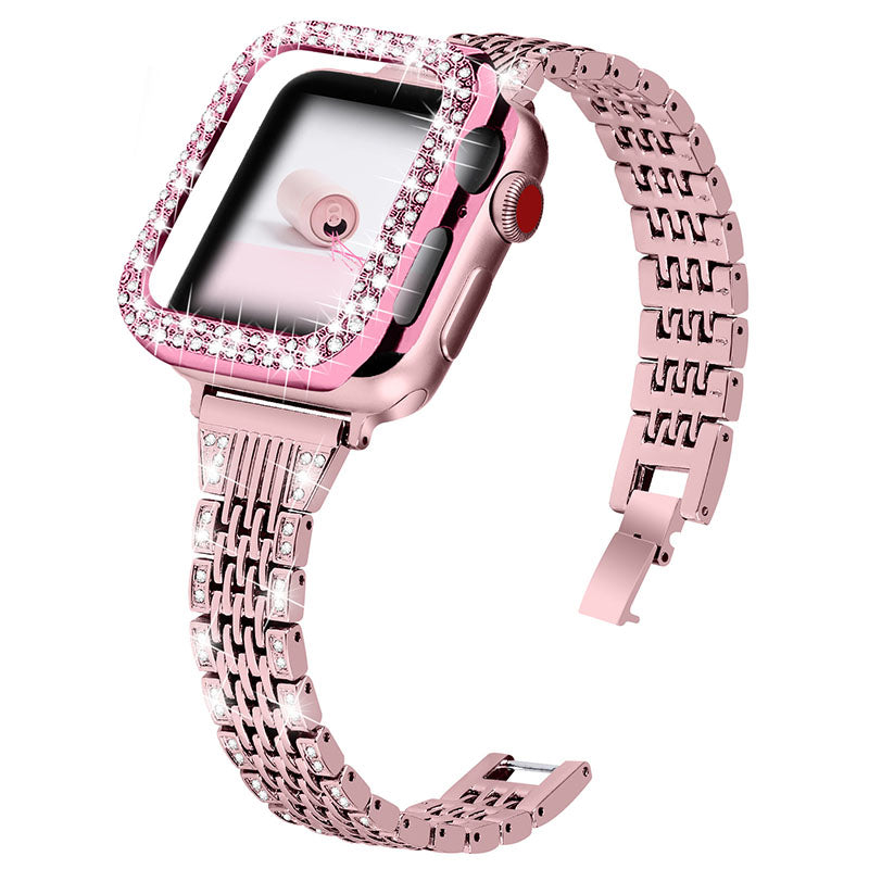 Shiny Rhinestone 7 Beads Stainless Steel Watchband Strap Protective PC Watch Case Cover for Apple Watch Series 7 41mm Shiny Rhinestone 7 Beads Stainless Steel Watchband Strap Protective PC Watch Case Cover for Apple Watch Series 7 41mm